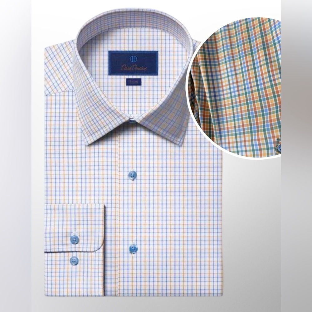 Brand New | David Donahue Fusion Button Down Blue Orange Check Stretch | M 15.5